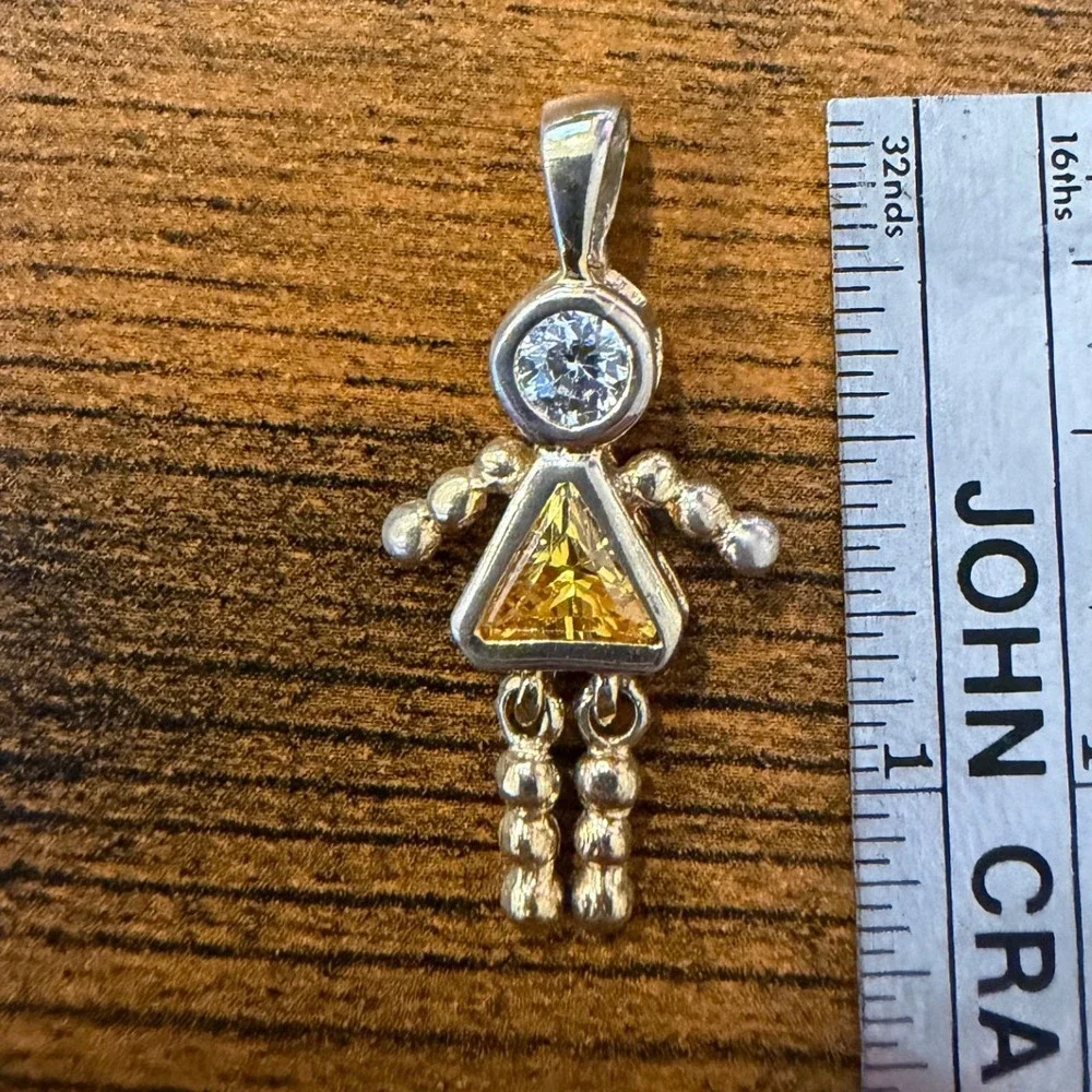Sterling Silver Girl Pendant Yellow Trillion Stone 925 Charm Small Whimsical